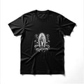 Black t-shirt with Virgin Mary and rose halo graphic.
