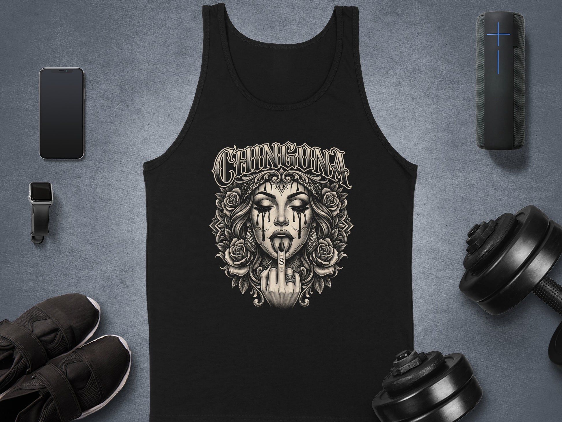 Black tank top with "CHINGONA" text and a woman's face with roses.