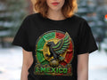 Black t-shirt with circular Aztec eagle and sun design, 