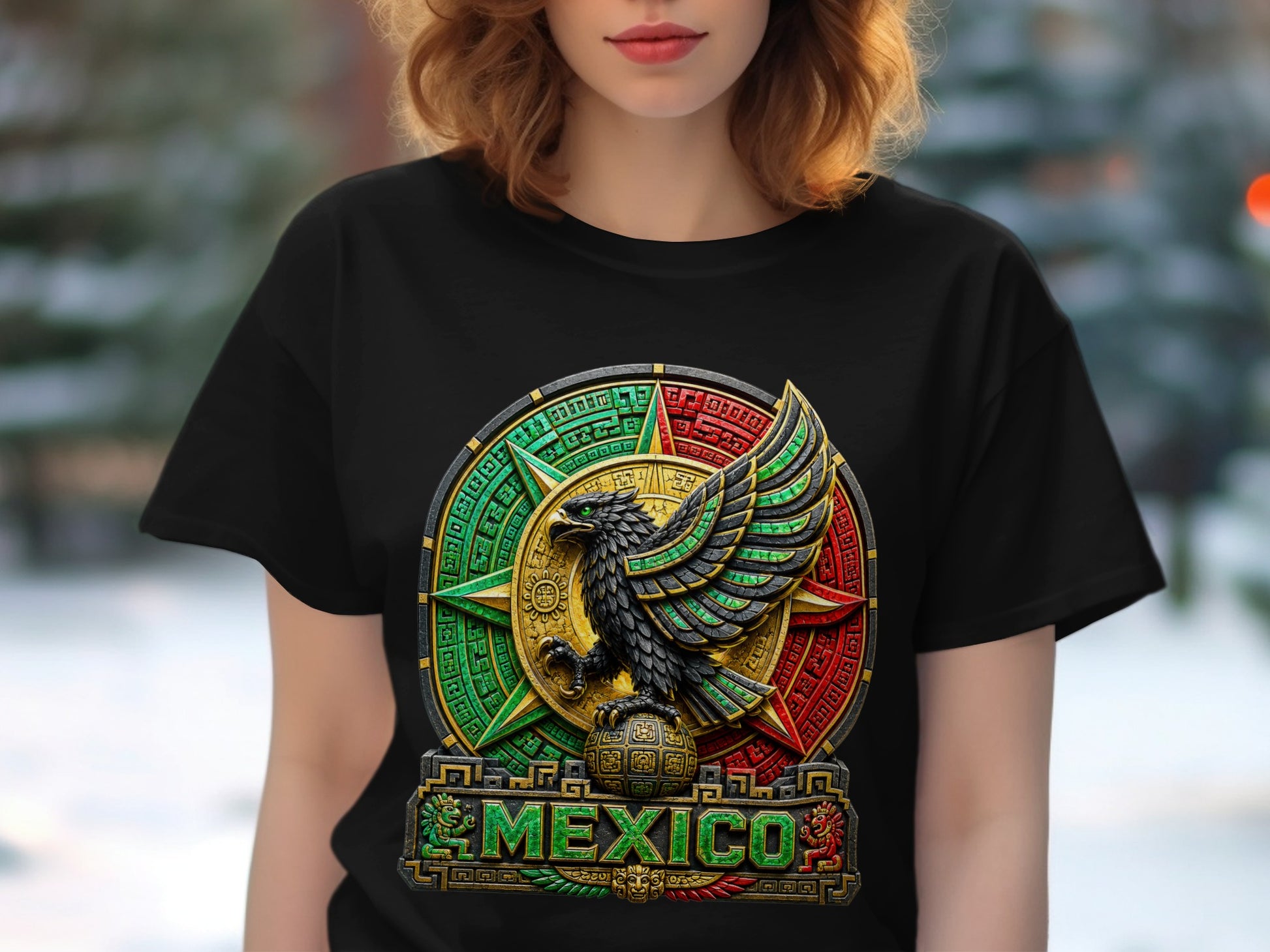 Black t-shirt with circular Aztec eagle and sun design, "MEXICO" text.