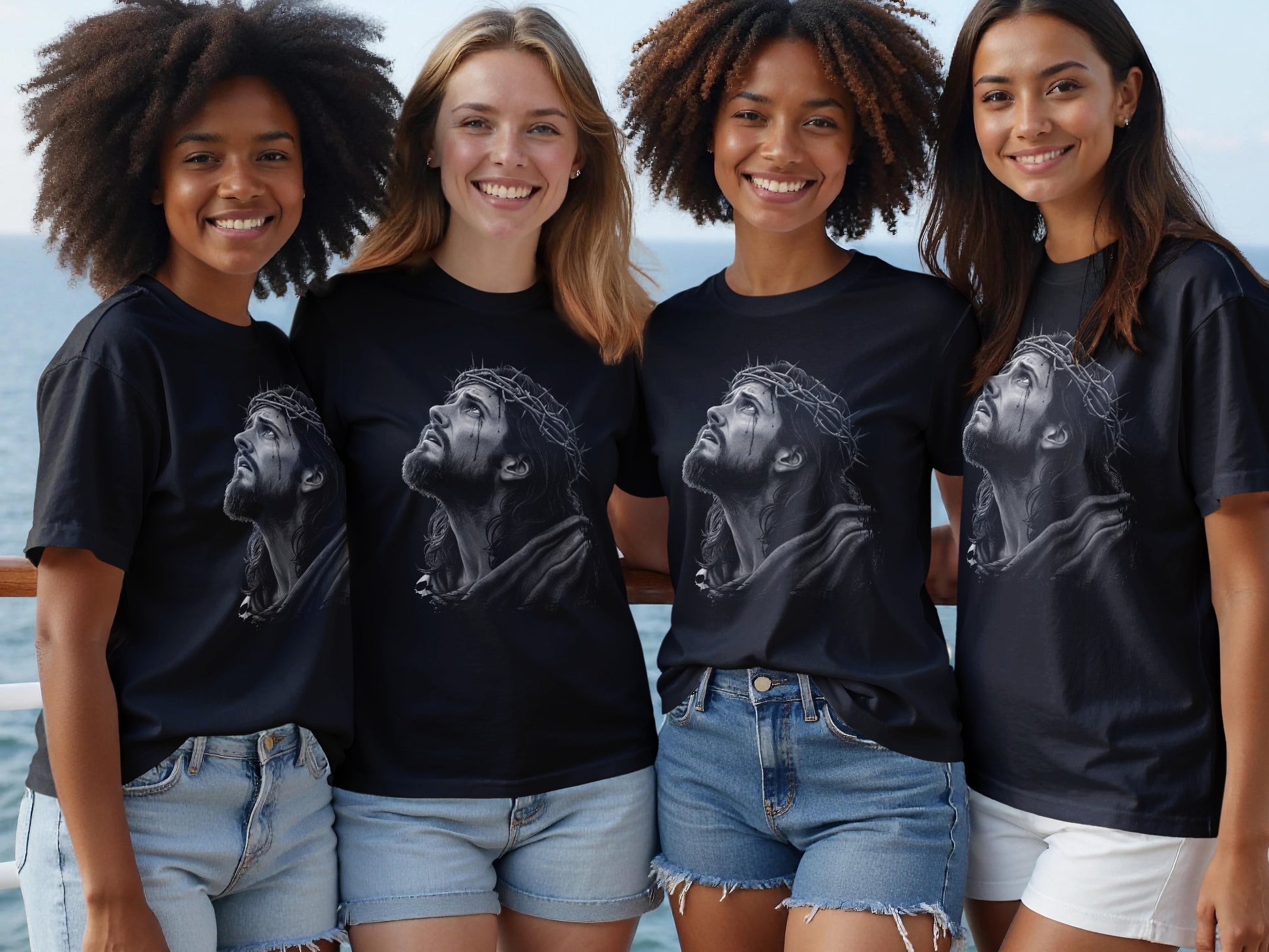 Four women wearing t-shirts with Jesus Christ's crown of thorns.