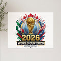 2026 World Cup logo with trophy, flags, and stars.