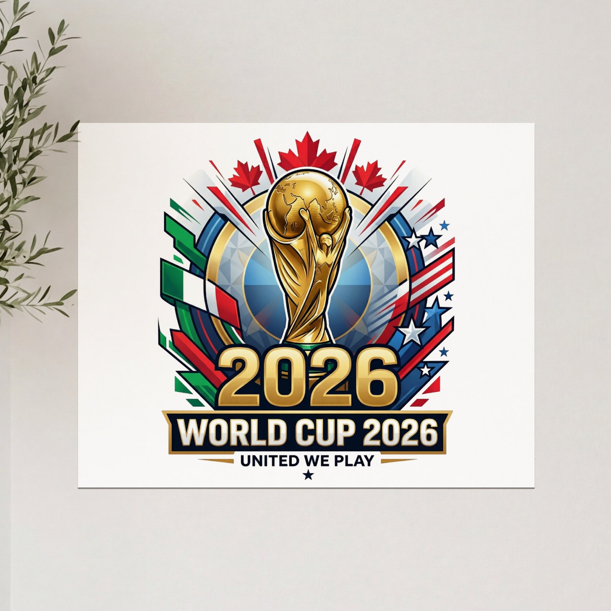 2026 World Cup logo with trophy, flags, and stars.