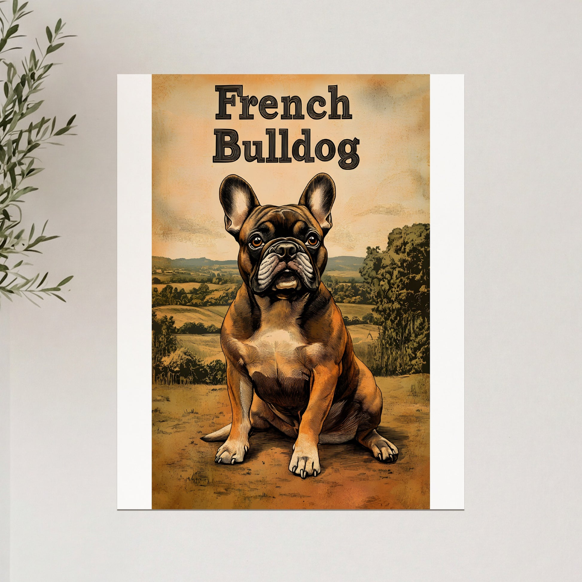 French Bulldog sitting in a field with text "French Bulldog" above.