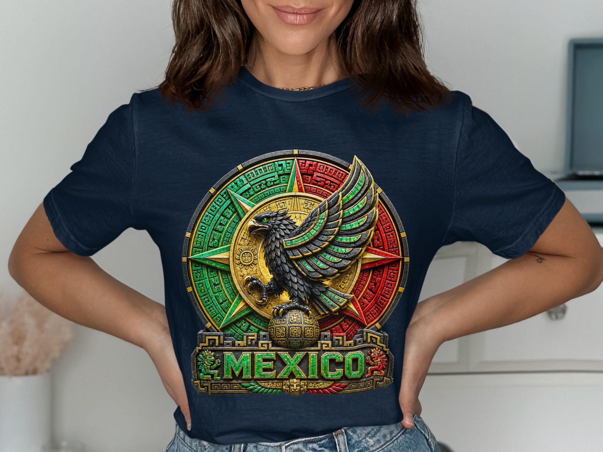Dark blue t-shirt with a circular Mexican emblem featuring an eagle on a globe.