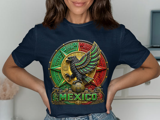 Dark blue t-shirt with a circular Mexican emblem featuring an eagle on a globe.