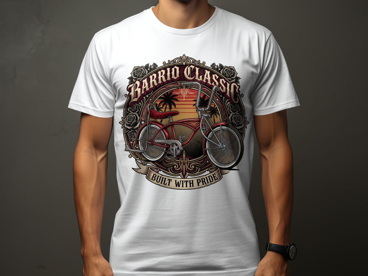 White t-shirt with "Barrio Classic Built With Pride" text and a lowrider bicycle graphic.