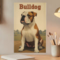 English Bulldog sitting outdoors with trees and a lamp in the background.