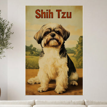 Shih Tzu dog sitting outdoors, vintage poster style, text "Shih Tzu" at top.