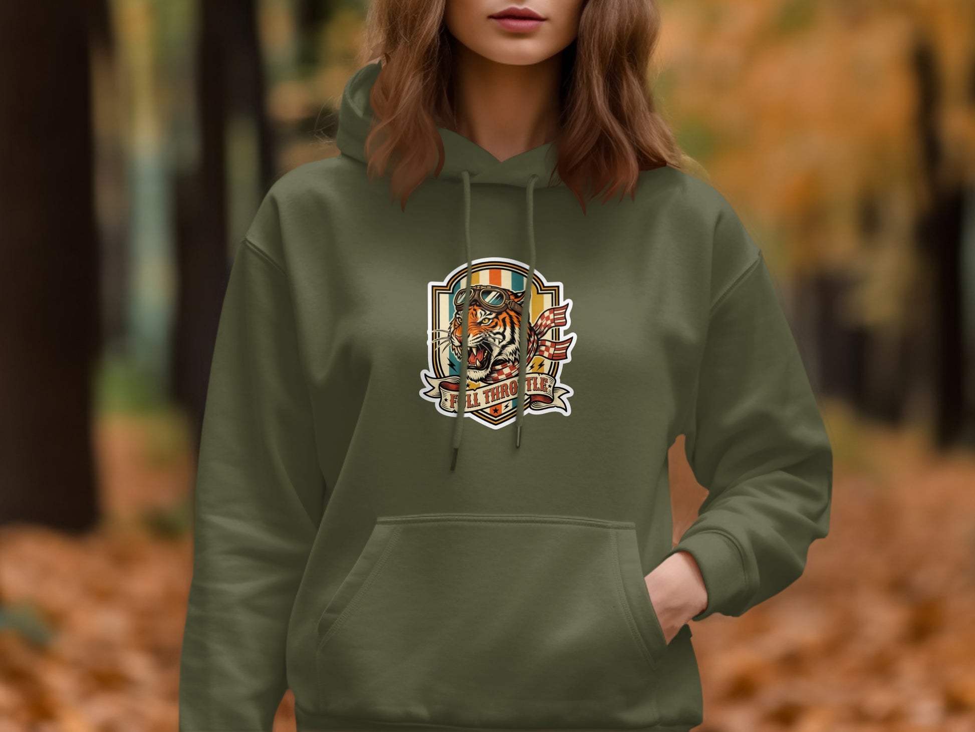 Green hoodie with a vintage tiger graphic on the chest.