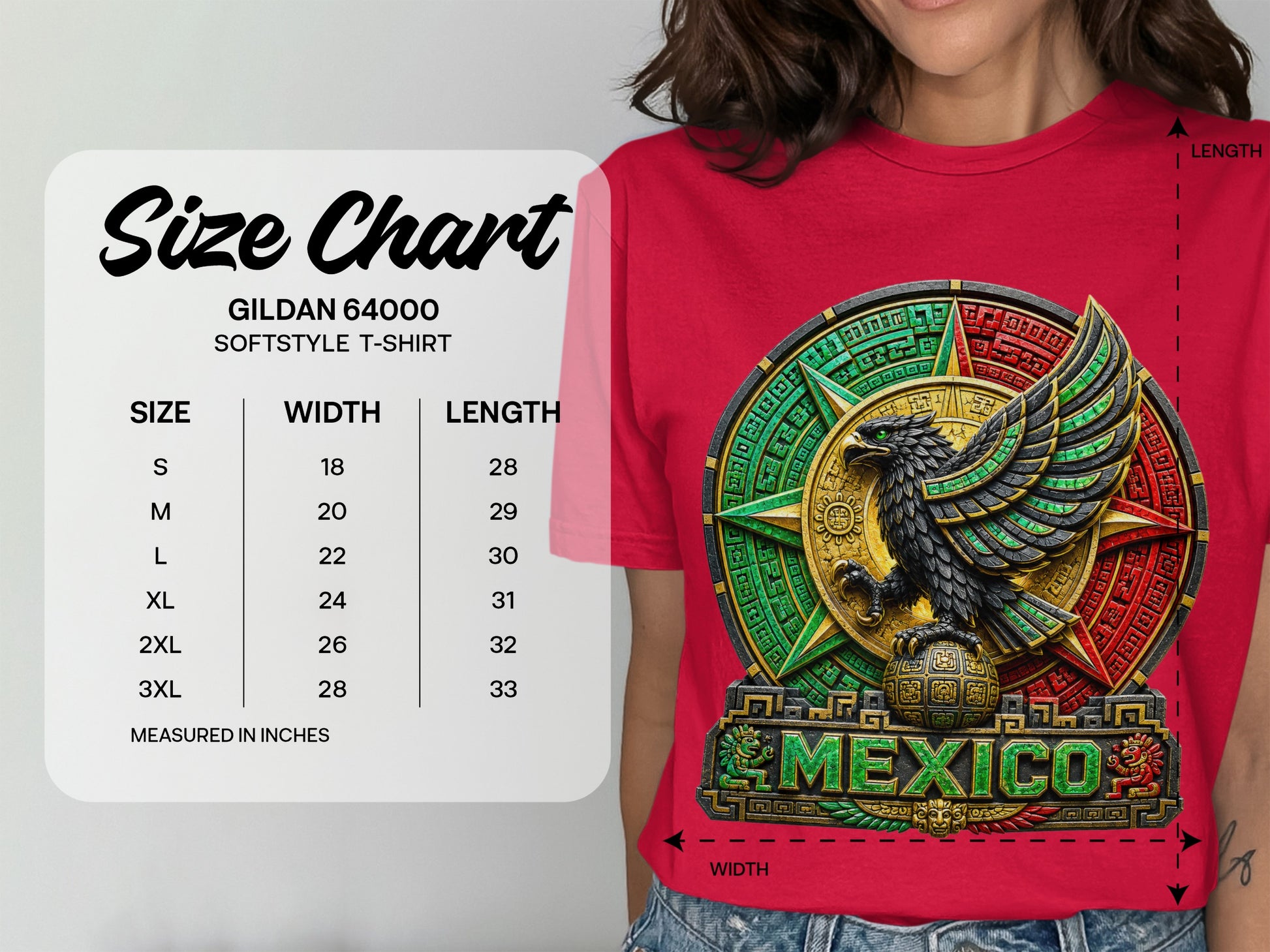Gildan 64000 softstyle t-shirt size chart with measurements.