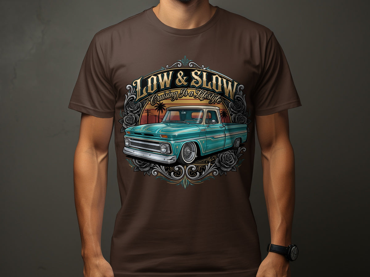 Turquoise classic pickup truck graphic with "Low & Slow Cruising Is A Lifestyle" text.