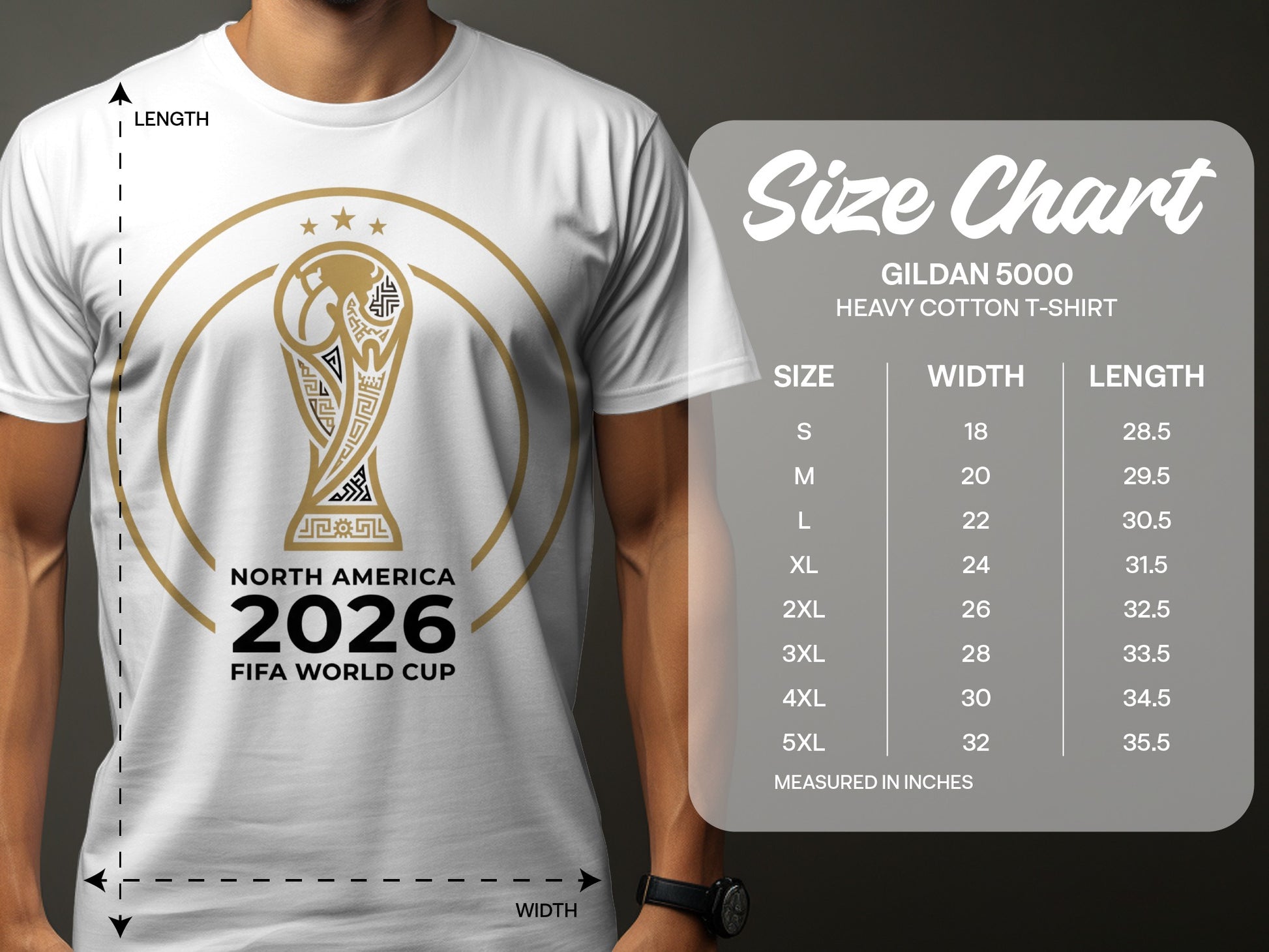 Size chart for Gildan 5000 t-shirts with North America 2026 FIFA World Cup logo.