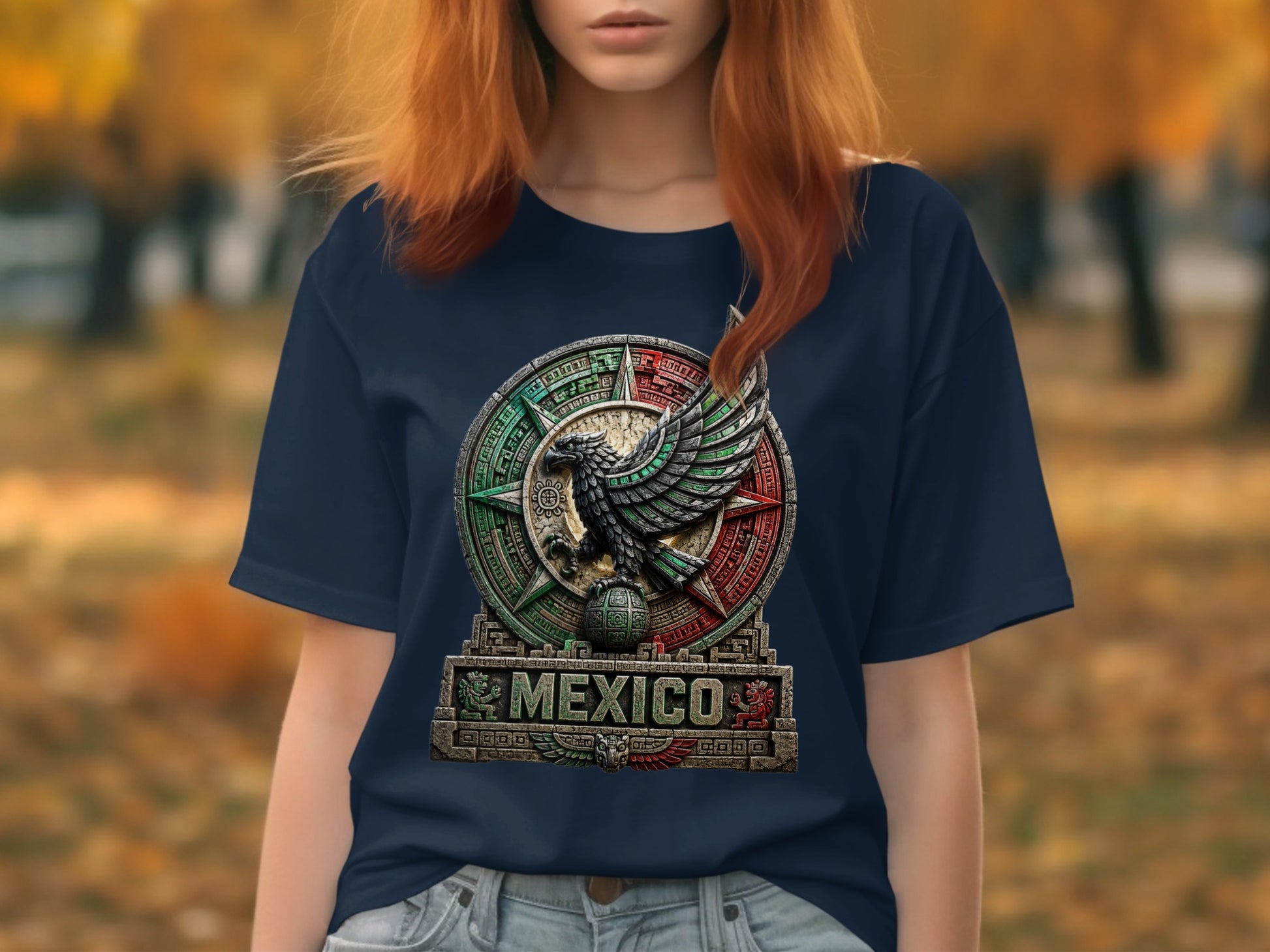 Dark navy t-shirt featuring a detailed Mexican eagle emblem and "MEXICO" text.