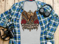 Grey t-shirt with eagle, snake, roses, and 