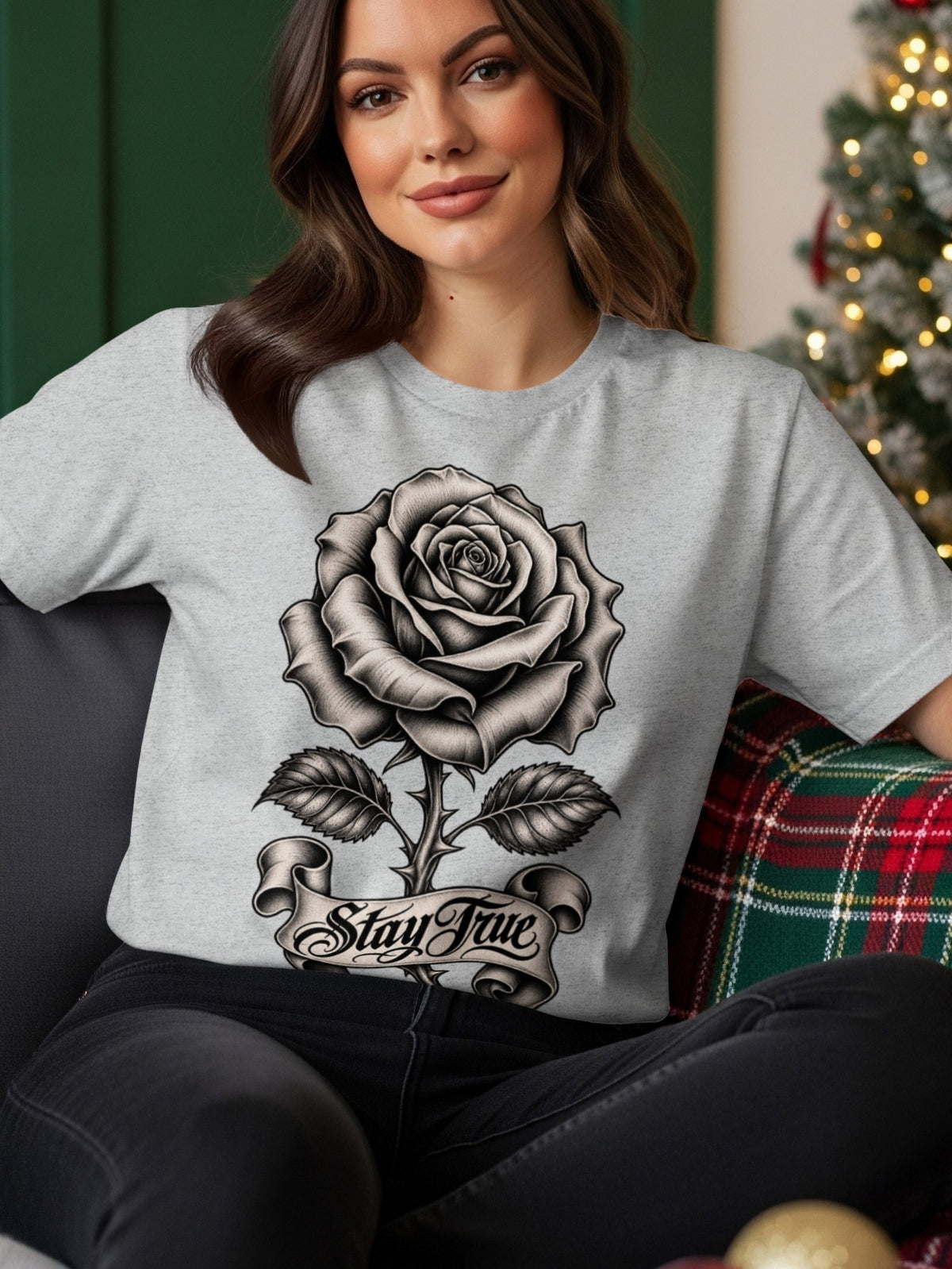 Light grey t-shirt with a black and white rose and banner that says "Stay True".