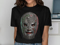 Black t-shirt with a silver lucha libre mask featuring Mexican flag colors.