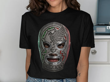 Black t-shirt with a silver lucha libre mask featuring Mexican flag colors.