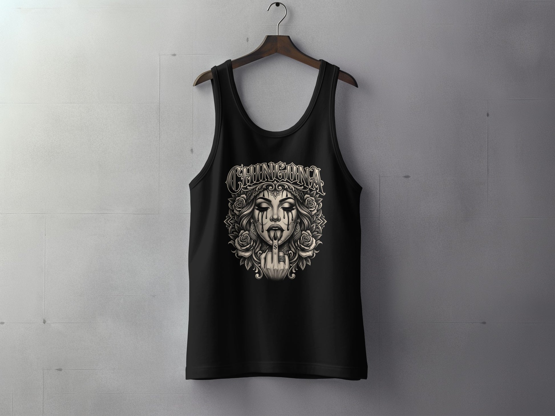 Black tank top with "Chingona" text and skull graphic.