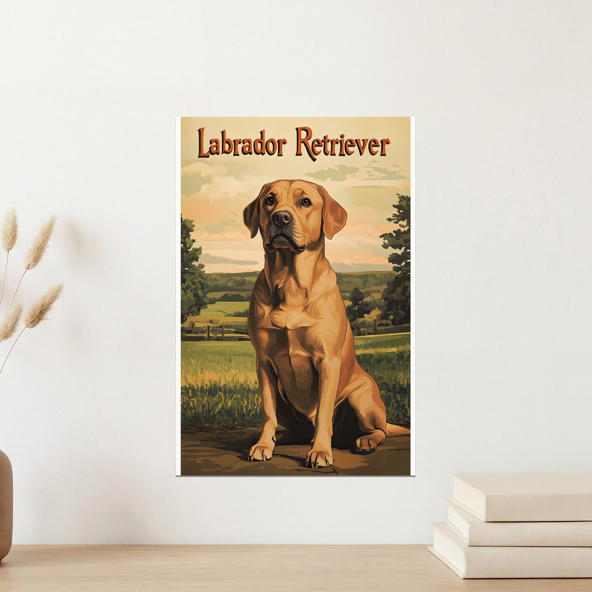 Labrador Retriever dog sitting in a grassy field with trees and a fence.
