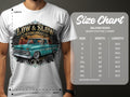 Gildan 5000 heavy cotton t-shirt size chart with truck graphic.