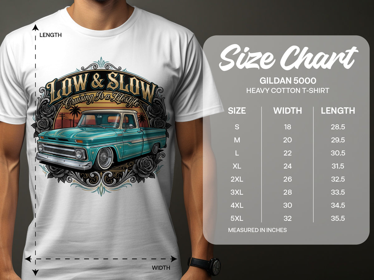 Gildan 5000 heavy cotton t-shirt size chart with truck graphic.