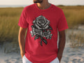Red t-shirt with a grey rose and banner that reads 