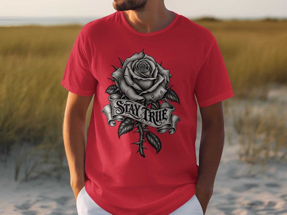 Red t-shirt with a grey rose and banner that reads "Stay True".