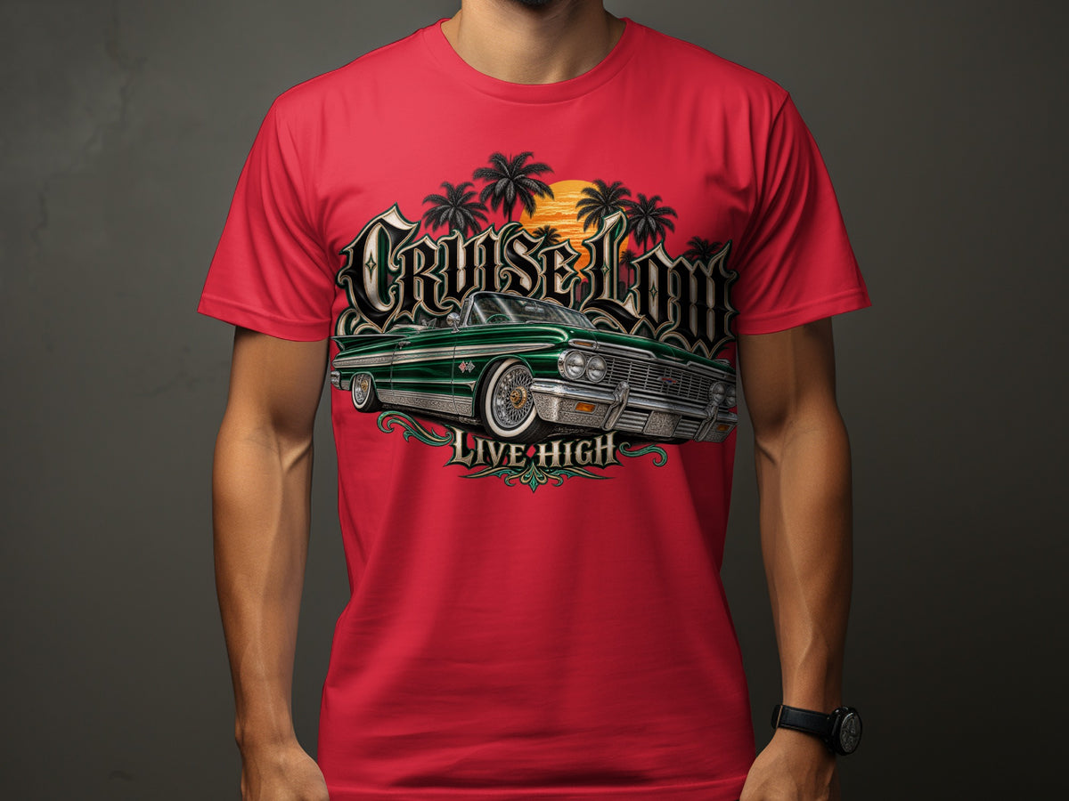 Red t-shirt with "CRUISE LOW" text, green lowrider, and palm trees.
