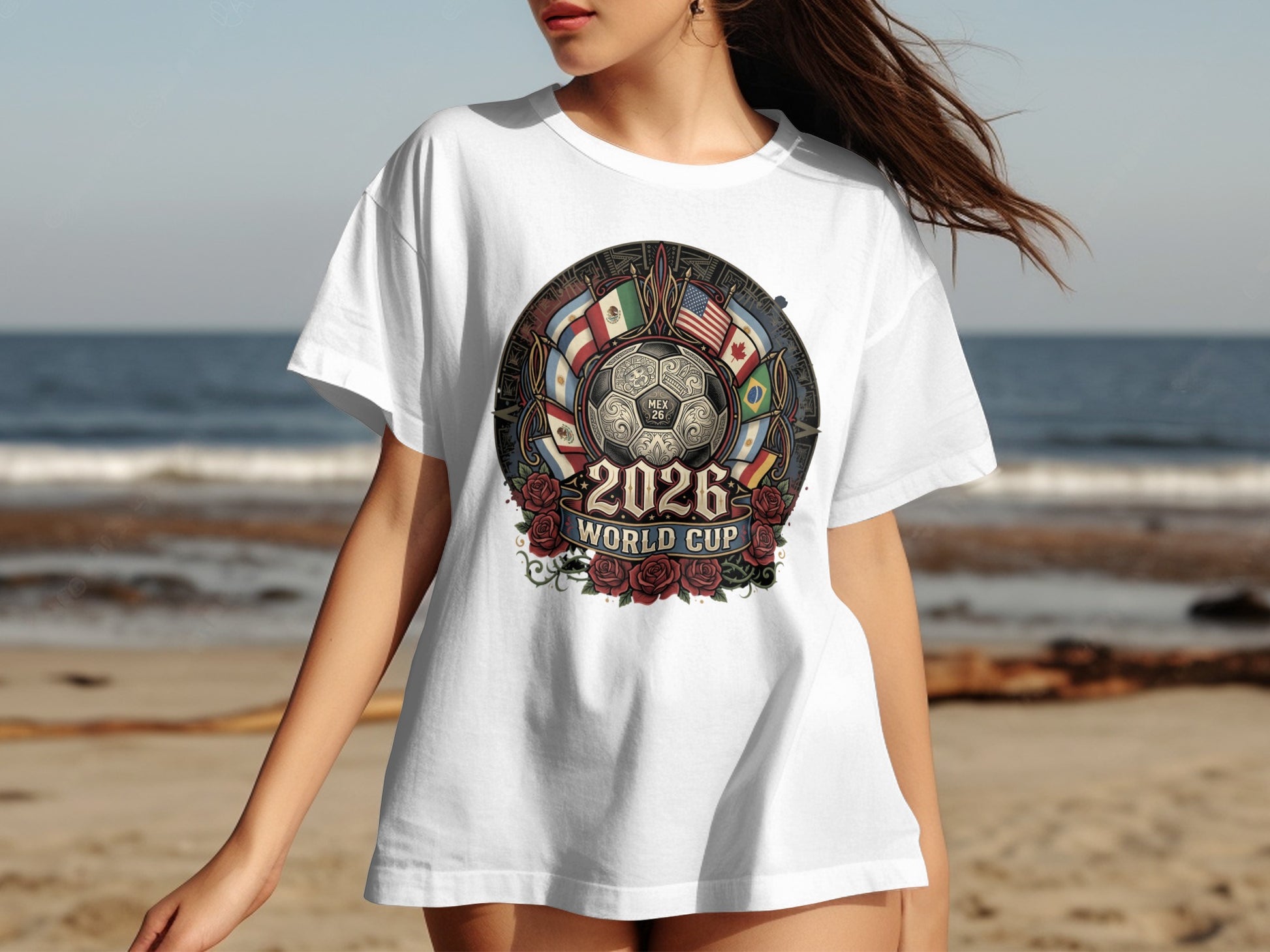 White t-shirt with 2026 World Cup logo featuring flags and soccer ball.