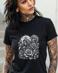 T-shirt with skull and rose graphic, featuring a crowned woman's face.