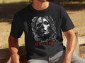 Black t-shirt with a skull-faced woman and 