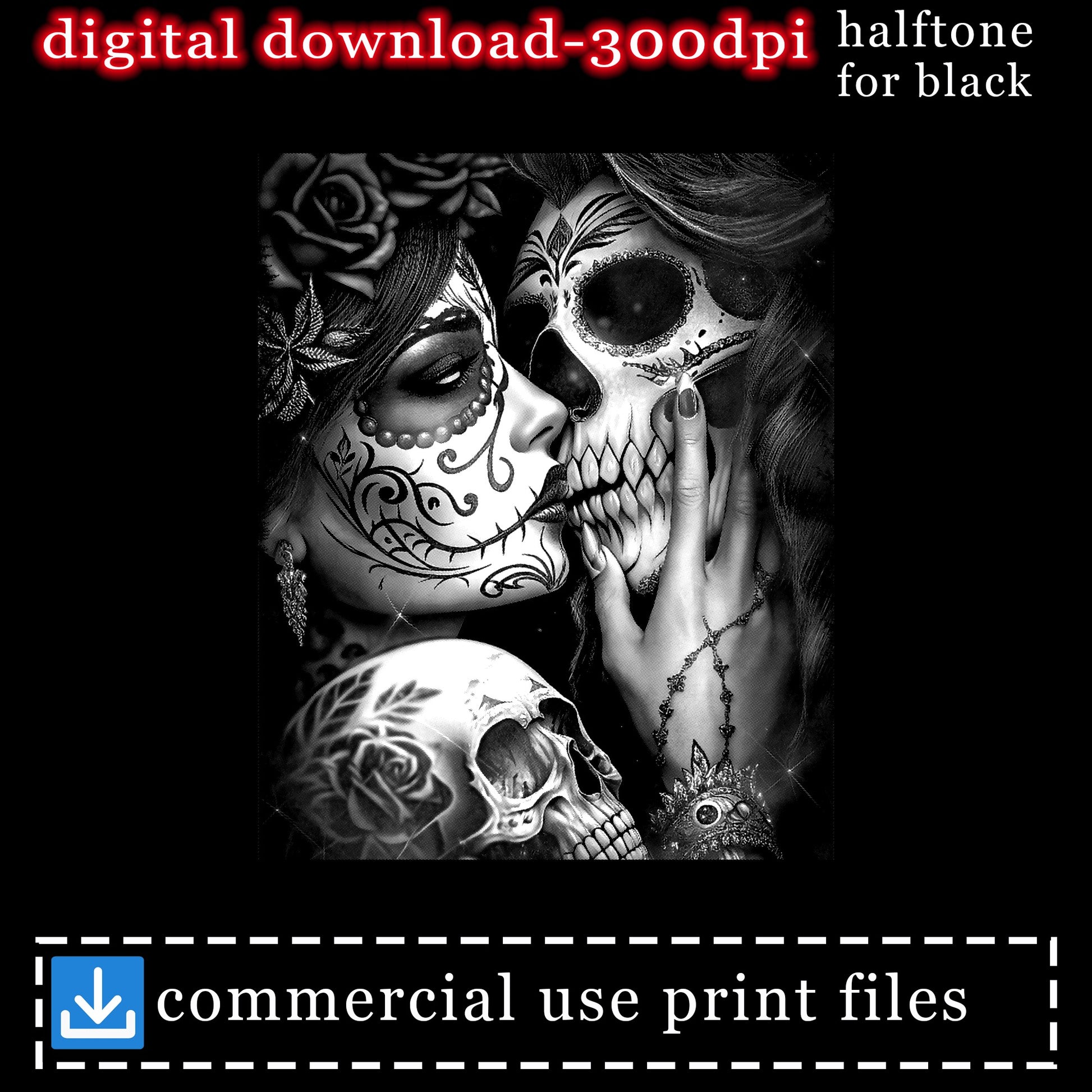 Day of the Dead skull art with roses and ornate details.