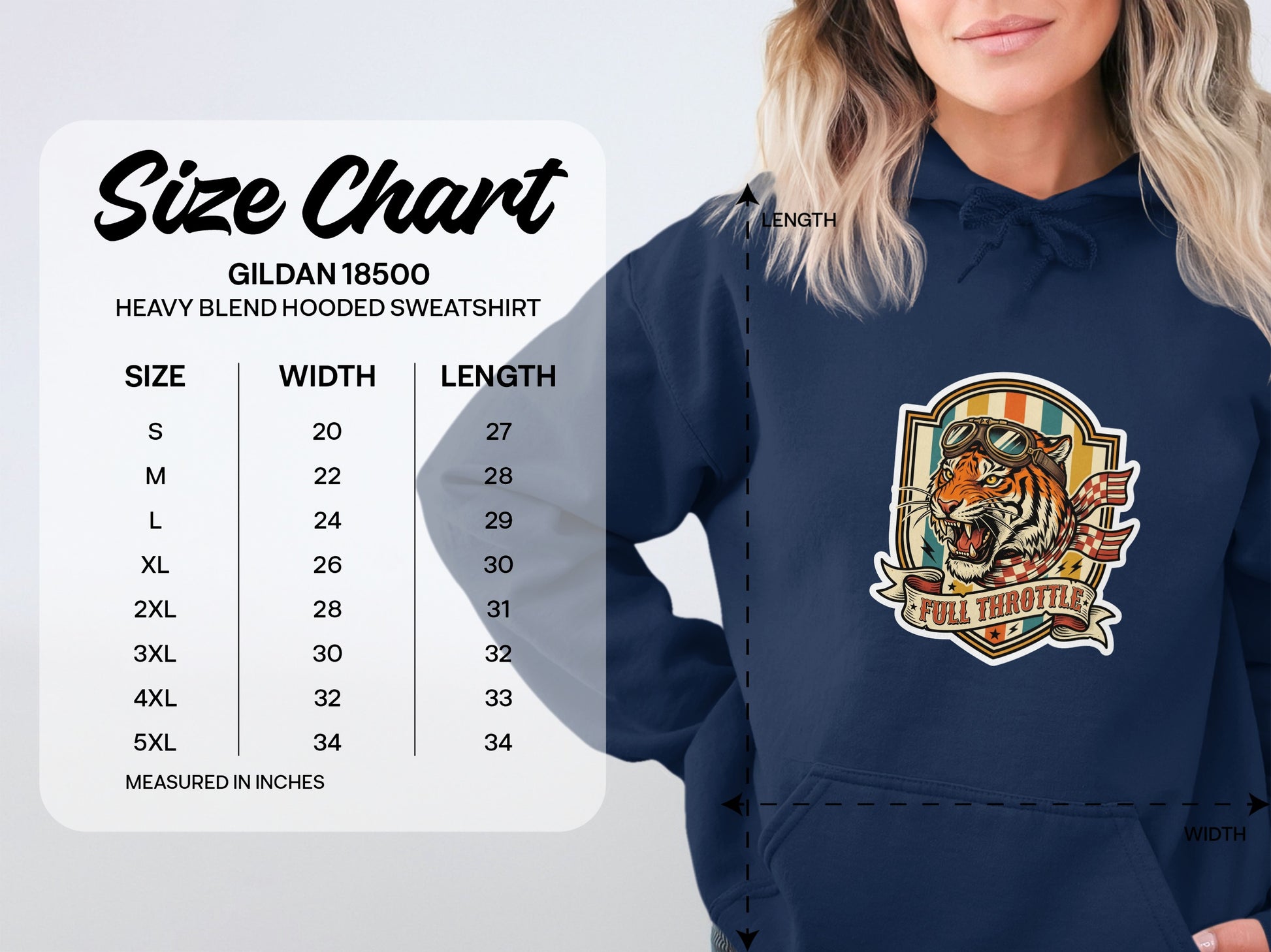 Gildan 18500 hooded sweatshirt size chart with tiger graphic.