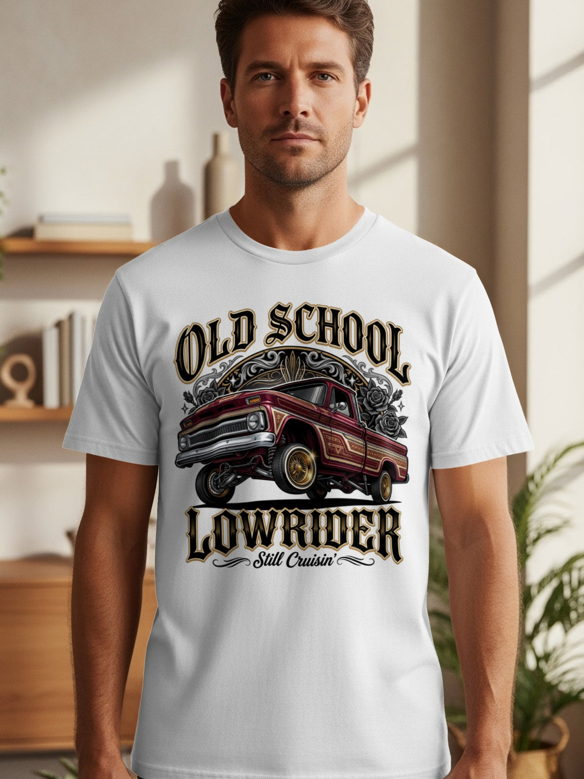 White t-shirt with "Old School Lowrider" graphic featuring a red classic lowrider truck.