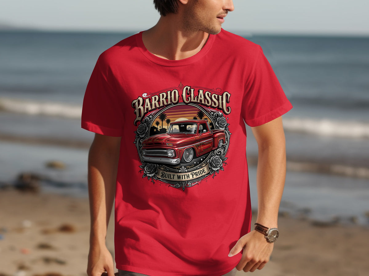 Red t-shirt with "Barrio Classic" graphic and a vintage red truck.