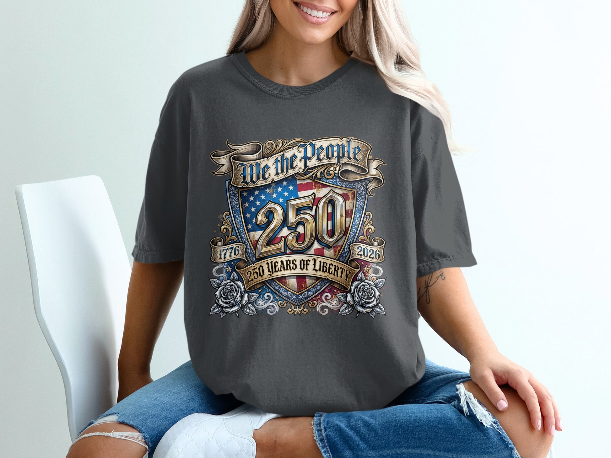 Dark gray t-shirt with 250 Years of Liberty patriotic emblem featuring flag and roses.