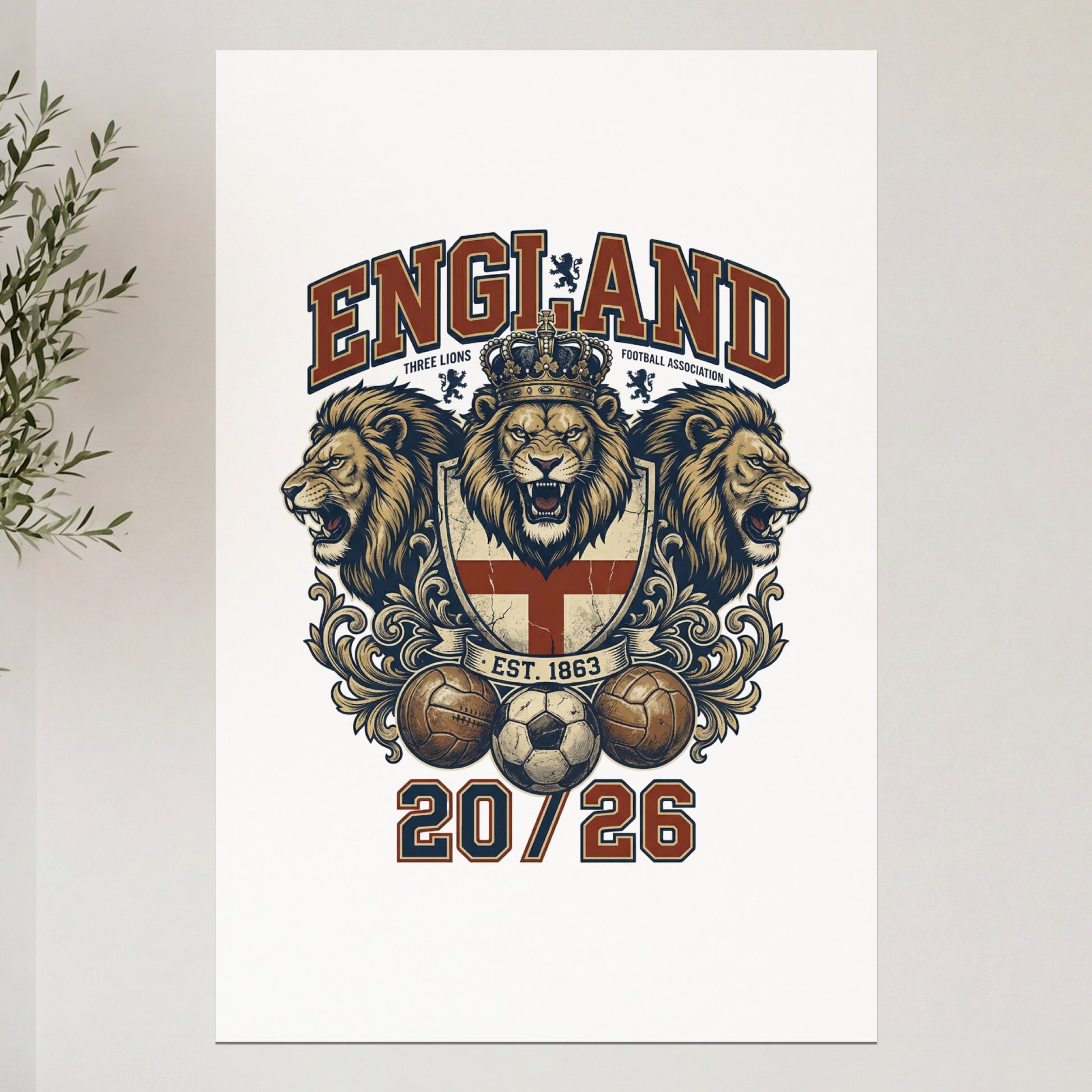 England Football Association crest with lions, footballs, and "20/26" text.