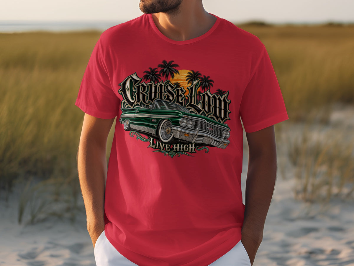 Red t-shirt with "Cruise Low Live High" text and vintage green convertible car graphic.