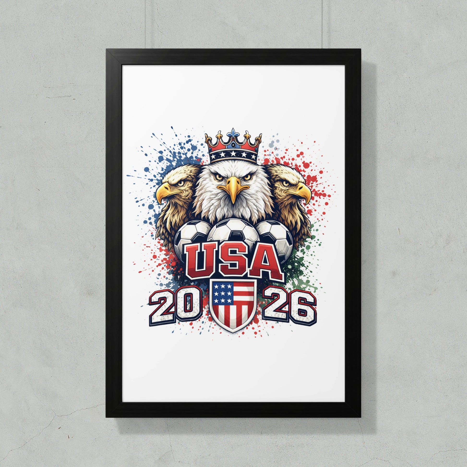 USA 2026 eagle crest with soccer balls and crown.