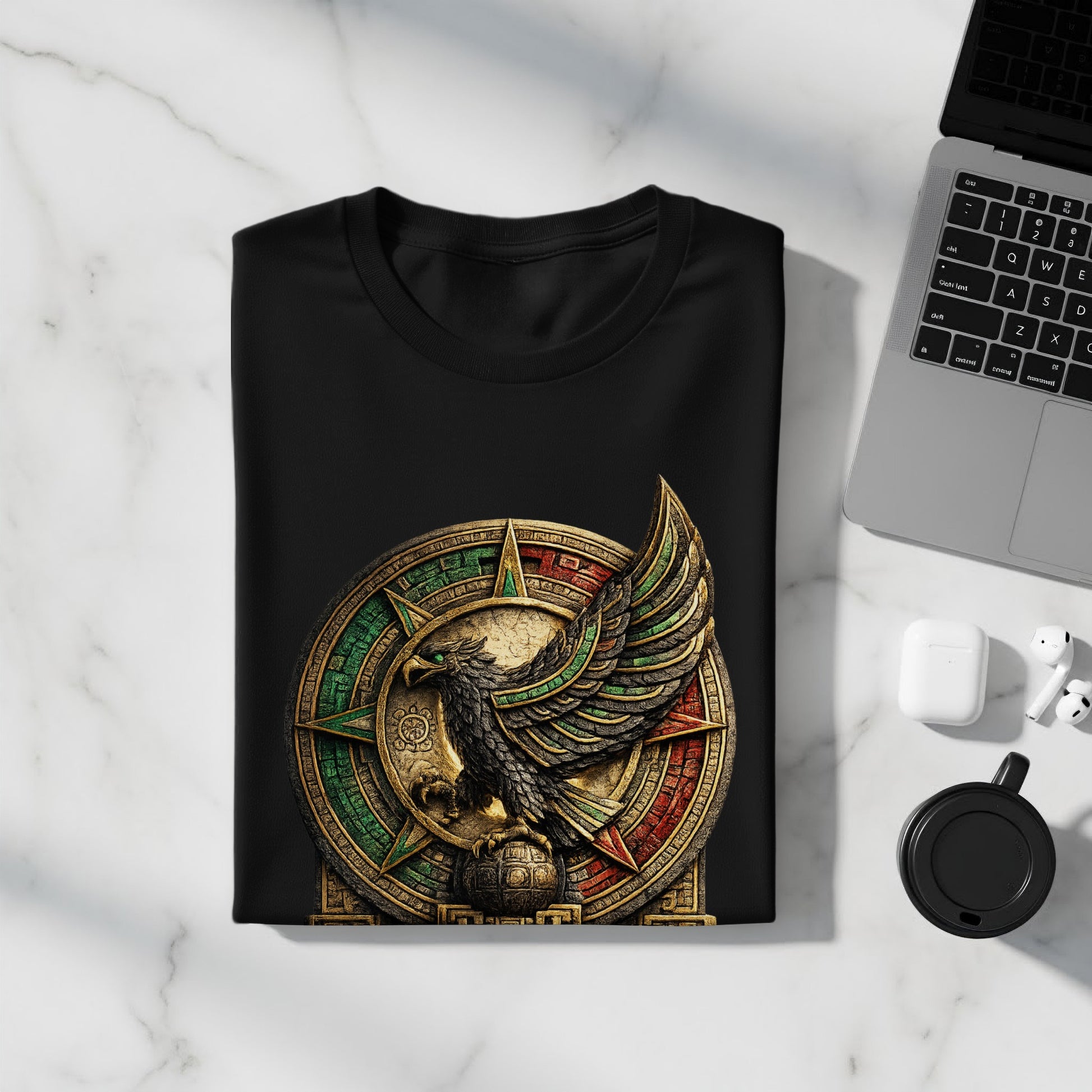 Black t-shirt with metallic eagle and Aztec calendar design.