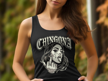 Black tank top with "CHINGONA" text and a distressed woman's face graphic.