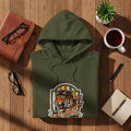 Olive green hoodie with a tiger graphic and 