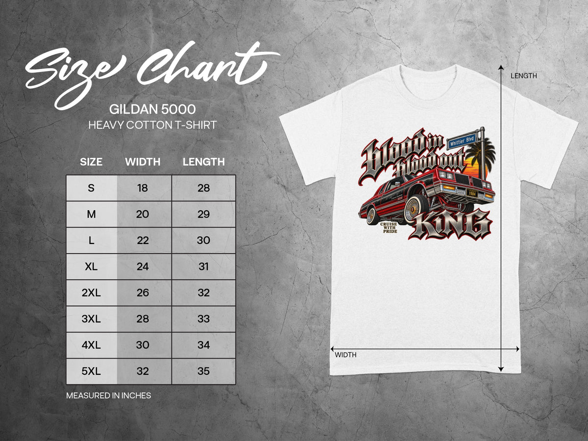 Gildan 5000 t-shirt size chart with width and length measurements in inches.