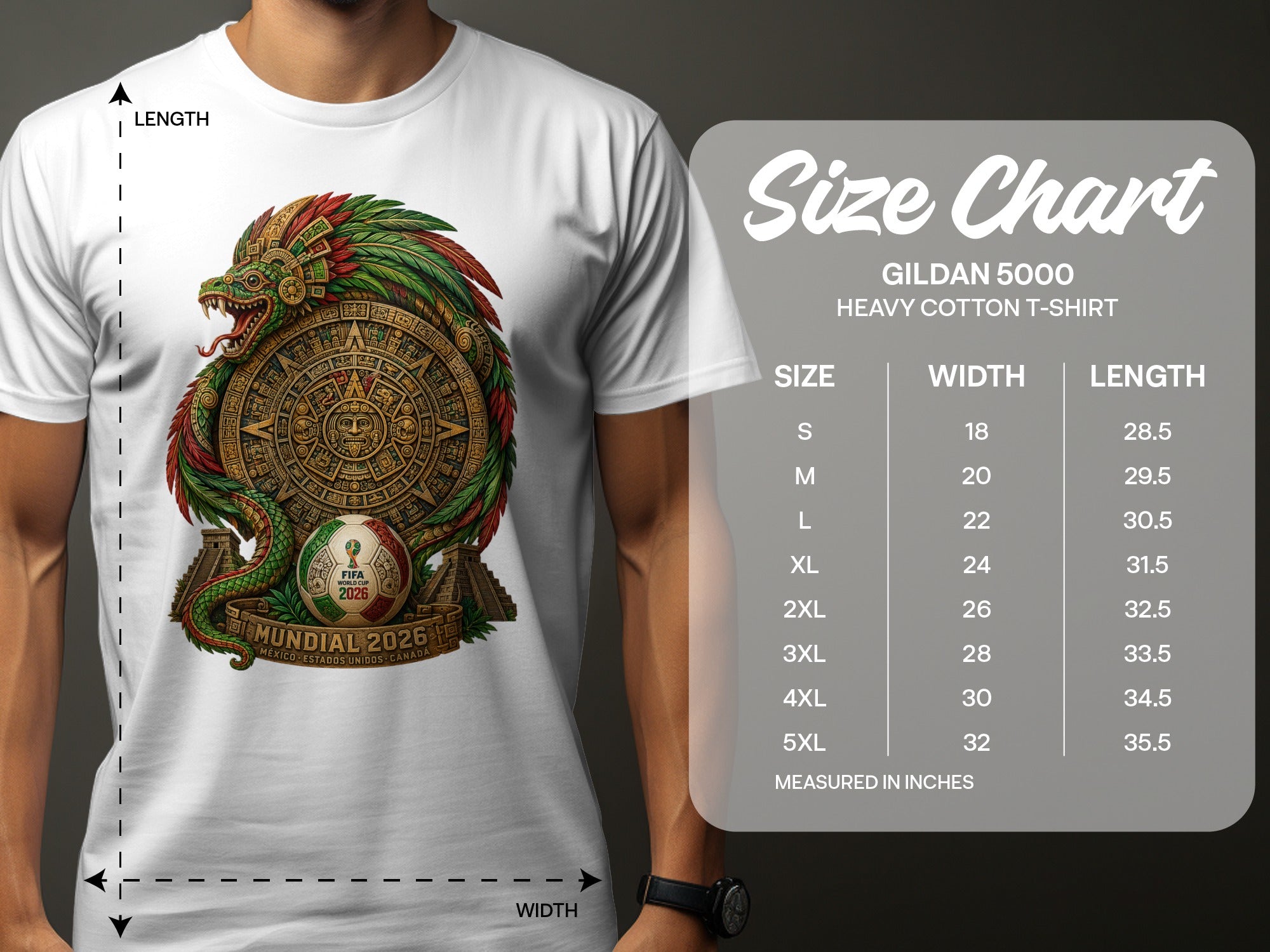Men's white t-shirt with Aztec dragon graphic and FIFA World Cup 2026 size chart.