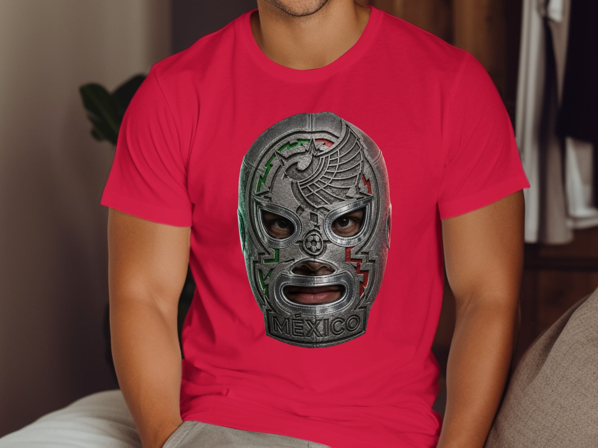 Red t-shirt with a silver luchador mask featuring "MEXICO" text.