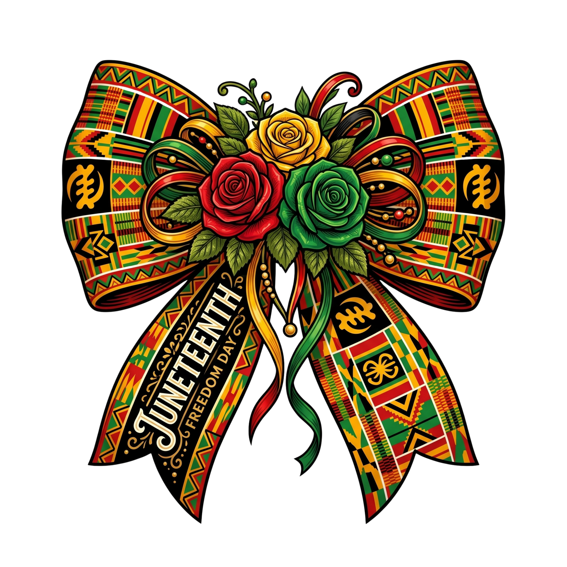 Juneteenth bow with Kente cloth pattern and roses.