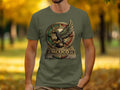 Olive green t-shirt with Mexico Aztec calendar emblem on chest.
