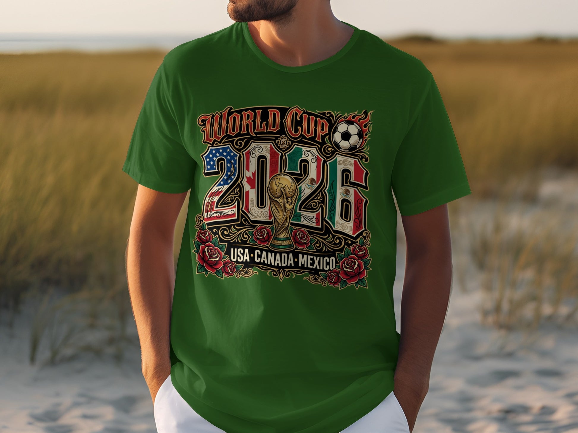 Green t-shirt with "World Cup 2026 USA Canada Mexico" text and soccer ball.