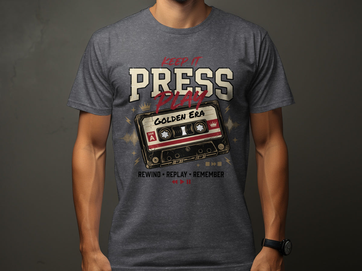 Graphic t-shirt with "Keep It Press Play" and a cassette tape.